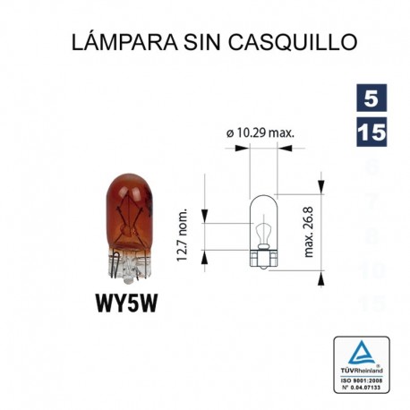 Lámpara sin casquillo WY5 12V 5W AMBAR (W2,1x9,5) 10 UNDS